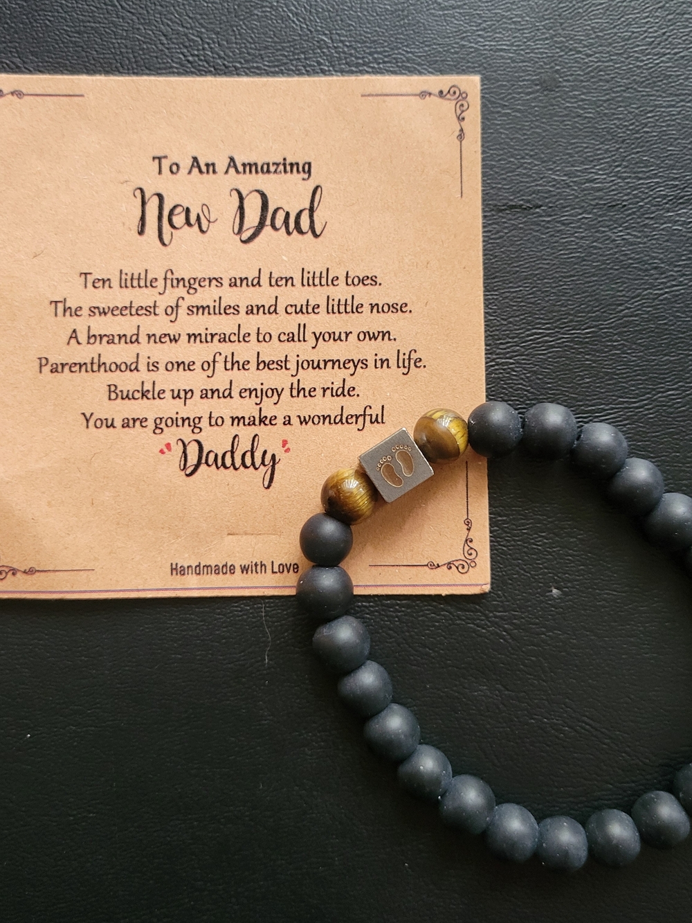 Men's Matte Black Beaded Bracelet w/2 Tiger Eye Accent Beads
